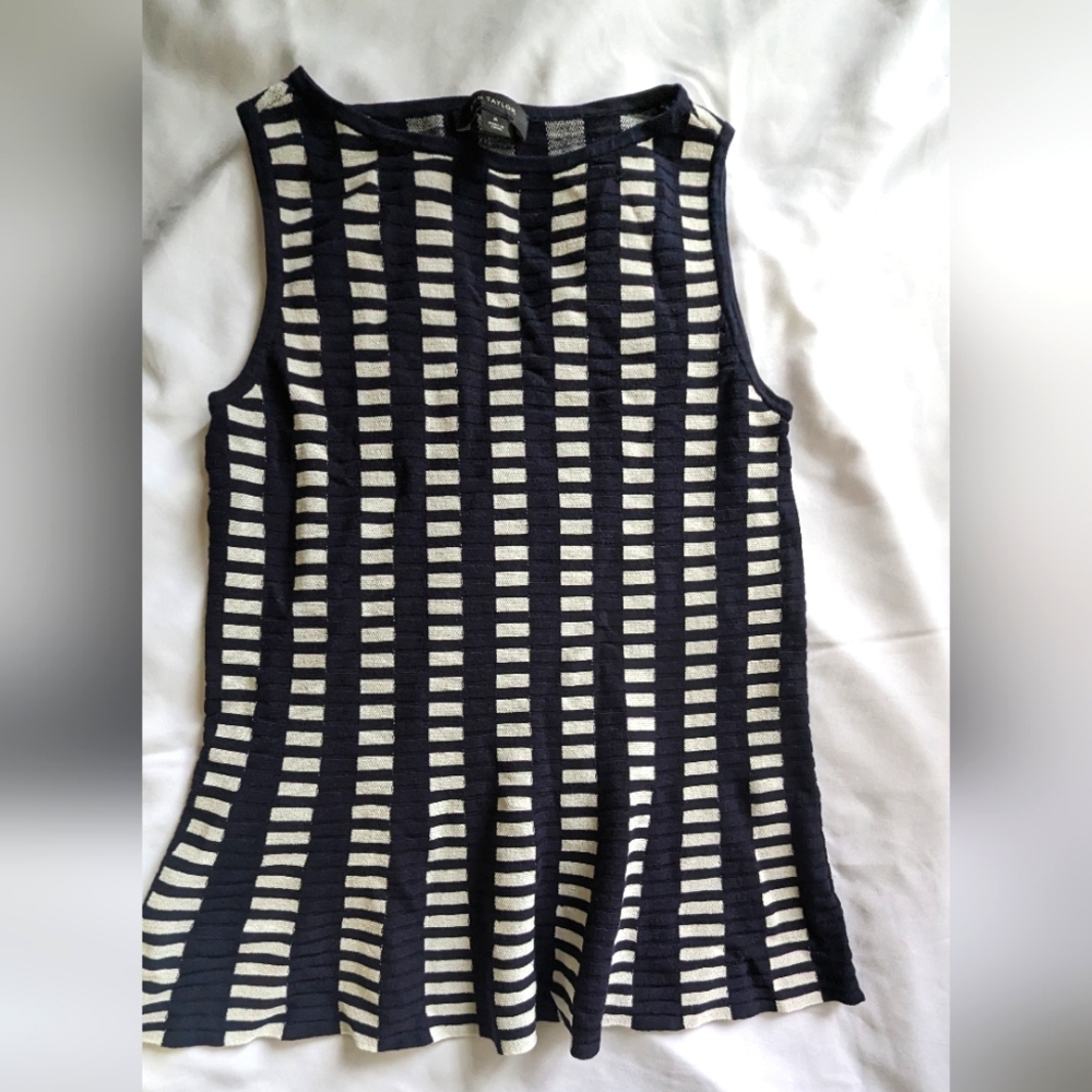 Navy Blue & White grid pattern Ann Taylor blouse